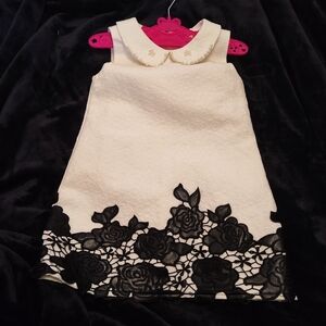 Doe A Dear Girl 6 Black White Textured Fabric Leather Flowers Pearl Collar Dress